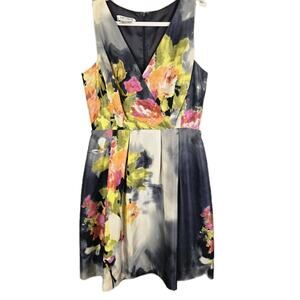 SILK Kay Unger MiNi Swing Dress Watercolor Multicolor V Neck Pockets 10 Floral